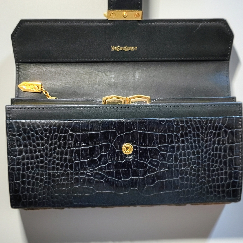 Vintage Yves Saint Laurent Croc Embossed Convertible Wallet Clutch w/ Gold Chain - Picture 7 of 14
